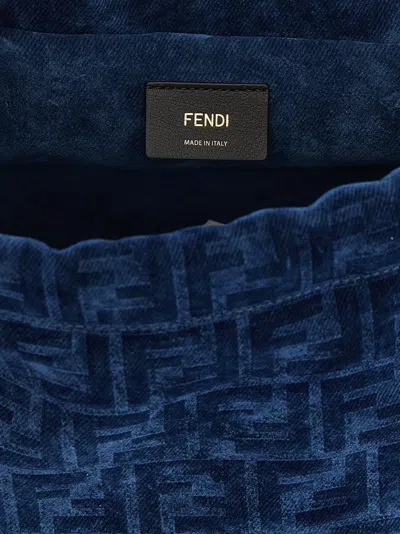 Fendi Women Denim Backpack With Flocked Ff Detail In Blue