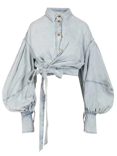 Zimmermann Rebellion Denim Wrap Top Tops Blue In Multi