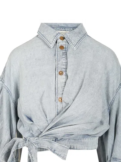 Zimmermann Rebellion Denim Wrap Top Tops Blue In Multi