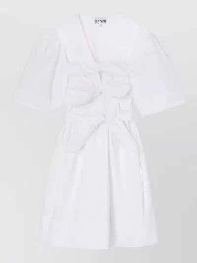 Ganni White Cotton Poplin Mini Dress With Bows In Neutral