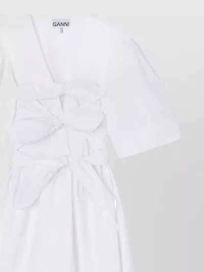 Ganni White Cotton Poplin Mini Dress With Bows In Neutral