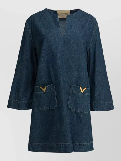 Valentino Vlogo Signature Mini Dress With V-neck And Pockets In Blue