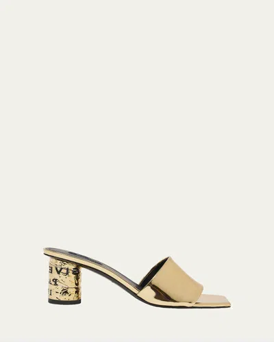 Givenchy 65mm Logo Heel Metallic Leather Mule Sandals In Gold