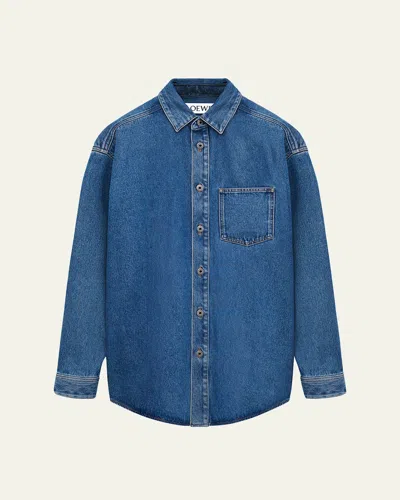 Loewe Mens Mid Blue Denim Anagram-embroidery Long-sleeves Denim Overshirt In Blue