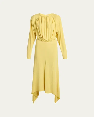 Stella Mccartney Gathered Long-sleeve Midi Handkerchief Dress In Yellow