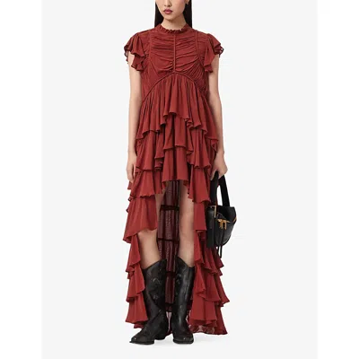 Allsaints Shaela Tiered Ruffle High-low Dress In Brown