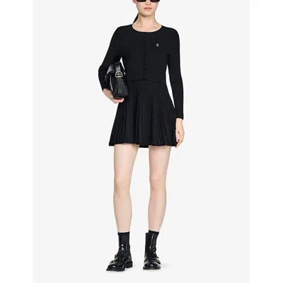 Sandro Ruby Pleated Knit Short Dress In Black