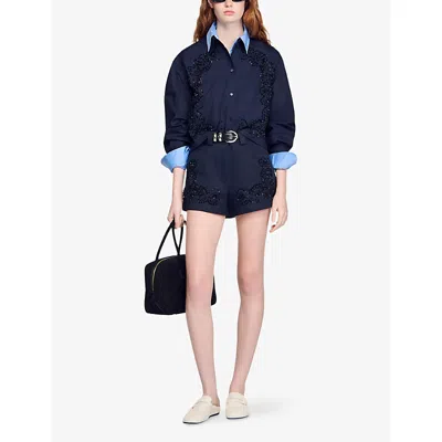 Sandro Paris Cotton Embroidered Shorts In Black