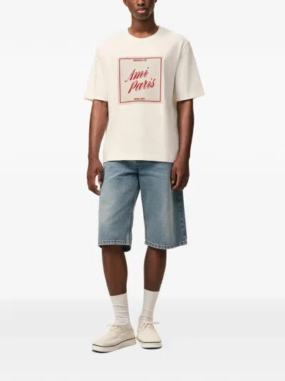 Ami Alexandre Mattiussi Boxy Fit Short Sleeves Teehisrt With Signature Print At Front In Neutral