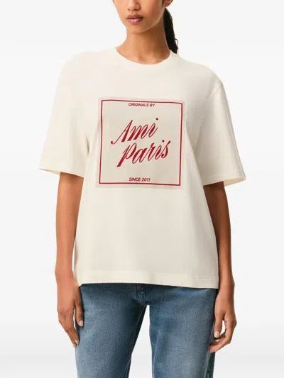 Ami Alexandre Mattiussi Boxy Fit Short Sleeves Teehisrt With Signature Print At Front In Neutral