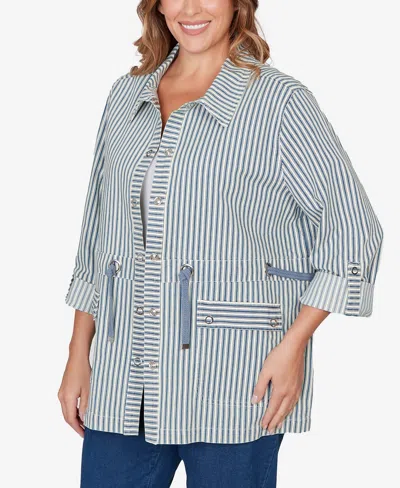 Ruby Rd. Plus Size Striped Anorak Snap Front Jacket In Blue