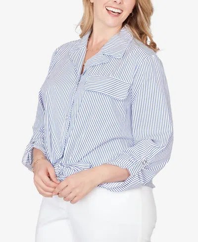 Ruby Rd. Plus Size Snap Front Tie Hem Pucker Stripe Top In Blue