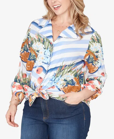 Ruby Rd. Plus Size Picnic Print Poplin Tied Snap Front Top In Blue
