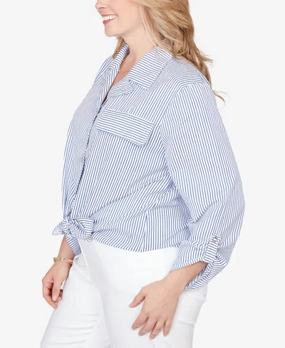 Ruby Rd. Plus Size Snap Front Tie Hem Pucker Stripe Top In Blue