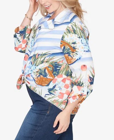 Ruby Rd. Plus Size Picnic Print Poplin Tied Snap Front Top In Blue