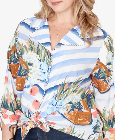 Ruby Rd. Plus Size Picnic Print Poplin Tied Snap Front Top In Blue