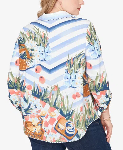 Ruby Rd. Plus Size Picnic Print Poplin Tied Snap Front Top In Blue