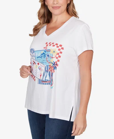 Ruby Rd. Plus Size Embellished Postcard Graphic T-shirt In White