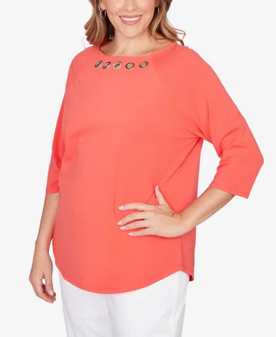 Ruby Rd. Plus Size Grommet Neck Solid Knit Top In Orange