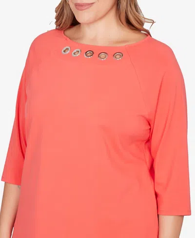 Ruby Rd. Plus Size Grommet Neck Solid Knit Top In Orange