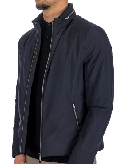 Moorer Navy Blue Solid Mock Collar Jacket In Blue