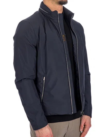 Moorer Navy Blue Solid Mock Collar Jacket In Blue