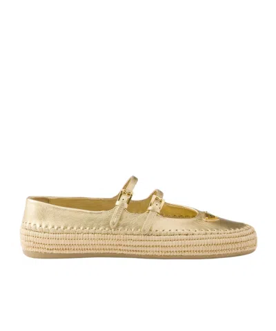 Prada Gold Raffia And Leather Espadrilles In Silver
