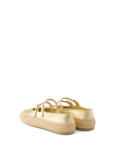 Prada Gold Raffia And Leather Espadrilles In Silver