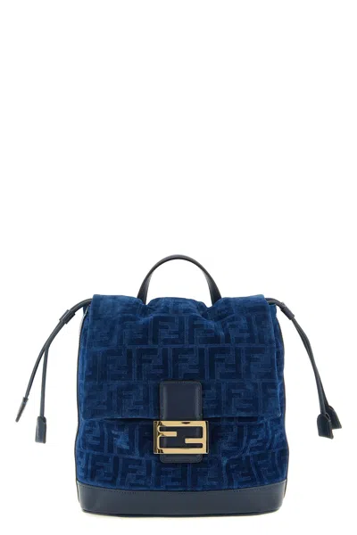 Fendi Women Denim Backpack With Flocked Ff Detail In Blue