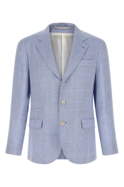 Brunello Cucinelli Linen And Wool Chevron Blazer Light Blue In Blue