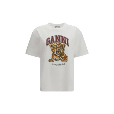 Ganni Womens Bright White Tiger-print Round-neck Cotton-jersey T-shirt Xl
