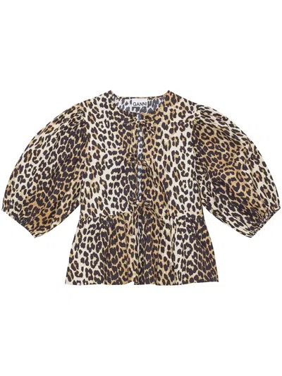 Ganni Women Leopard Cotton Poplin Peplum Tie Blouse In Animal Print