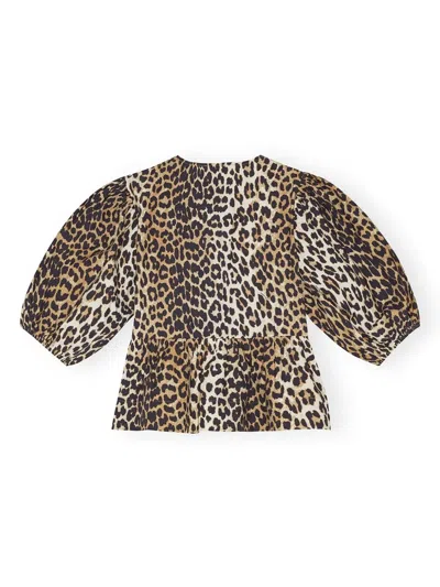 Ganni Women Leopard Cotton Poplin Peplum Tie Blouse In Animal Print