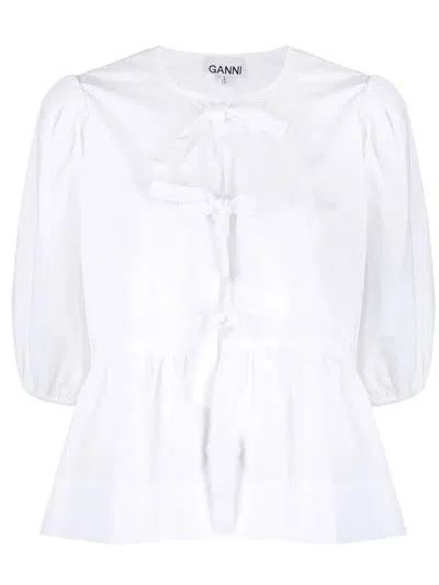 Ganni Poplin Front-tie Peplum Blouse With Puffed-sleeves In White