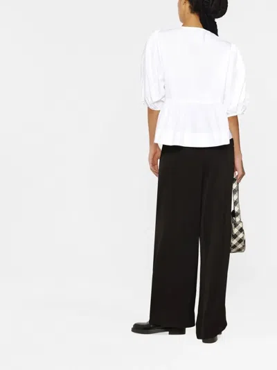 Ganni Poplin Front-tie Peplum Blouse With Puffed-sleeves In White