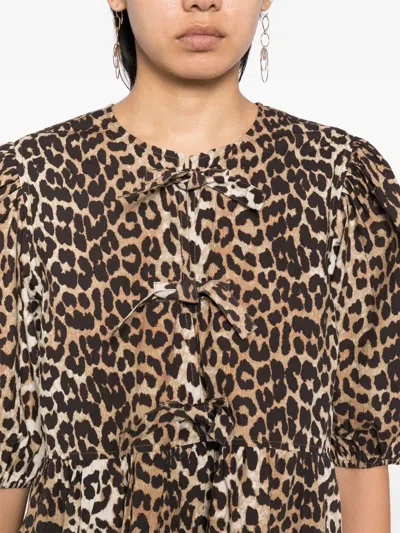 Ganni Brown Leopard Printed Cotton Tie String Minidress In 943 Leopard