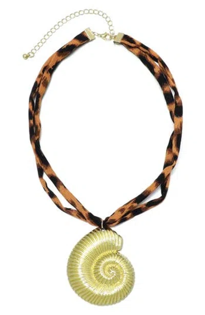 Adornia Plated Shell On Leopard Print Adjustable Necklace In Brown