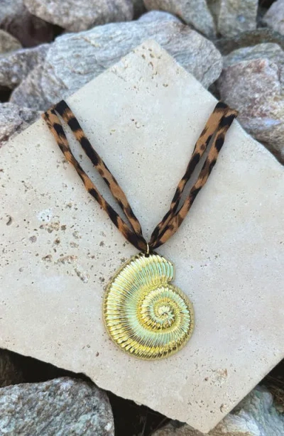 Adornia Plated Shell On Leopard Print Adjustable Necklace In Brown