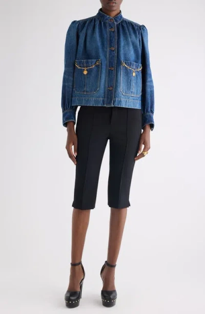 Chloé Blue Jacket With High Neck And Chain Detail On The Front In Denim Woman