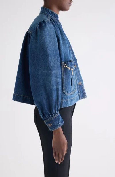 Chloé Blue Jacket With High Neck And Chain Detail On The Front In Denim Woman