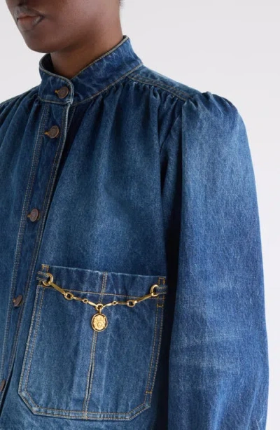 Chloé Blue Jacket With High Neck And Chain Detail On The Front In Denim Woman