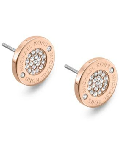 Shop Michael Kors Crystal Pave Logo Stud Earrings In Rose Gold-tone