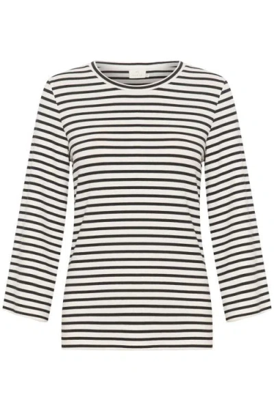 Kaffe Liddy Jersey Cropped Sleeve Blouse In Chalk Black Stripe In Black