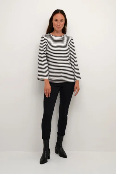 Kaffe Liddy Jersey Cropped Sleeve Blouse In Chalk Black Stripe In Black
