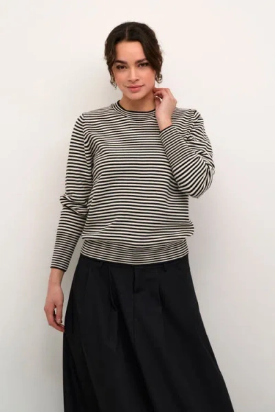 Kaffe Kanala Round Neck Tight Knit Pullover In Chalk Black In Black