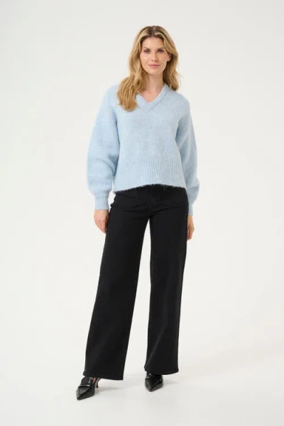 Kaffe Katrina V-neck Casual Fit Pullover Sweater In Light Blue Melange In Blue