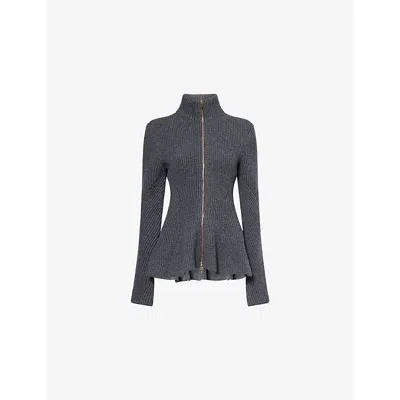 Alaïa Ribbed Wool And Cashmere-blend Peplum Zip-up Cardigan In Gray