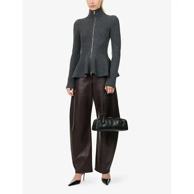Alaïa Ribbed Wool And Cashmere-blend Peplum Zip-up Cardigan In Gray