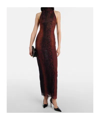 Jean Paul Gaultier Multicolor Snake Print High Neck Polyamide Maxi Dress In Black
