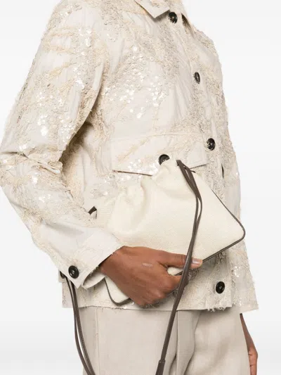 Brunello Cucinelli Shoulder Bag Rectangular Shape Woven Texture Strap In Neutral